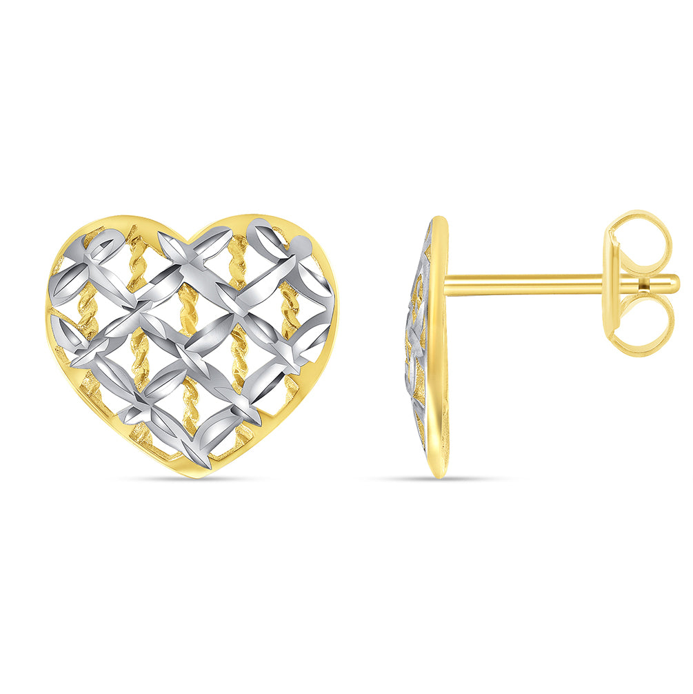 14k Yellow Gold Textured Two-Tone Fancy Heart Stud Love Stud Earrings with Screw Back, 10.5mm