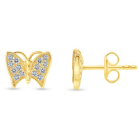 Load image into Gallery viewer, Solid 14k Yellow Gold Pave Cubic-Zirconia Butterfly Stud Earrings with Screw Back, 6.5mm
