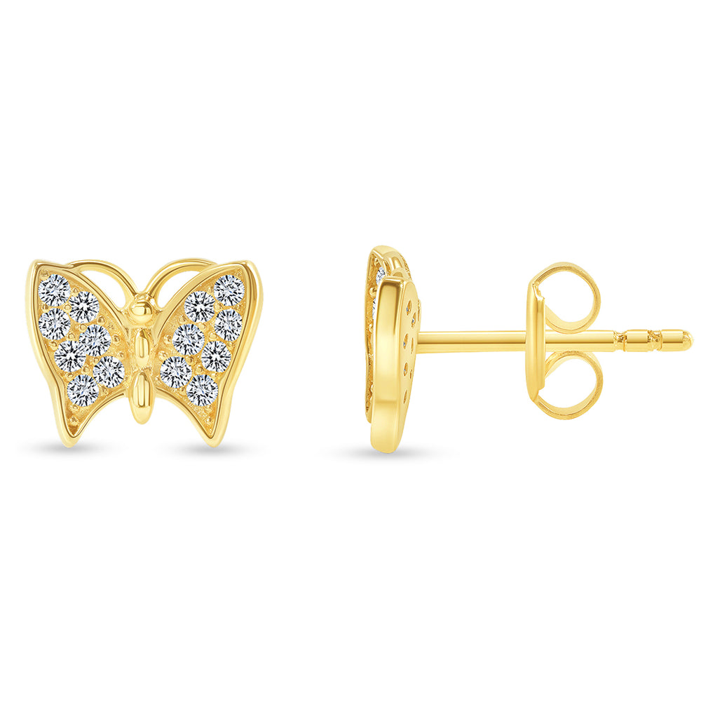 Solid 14k Yellow Gold Pave Cubic-Zirconia Butterfly Stud Earrings with Screw Back, 6.5mm