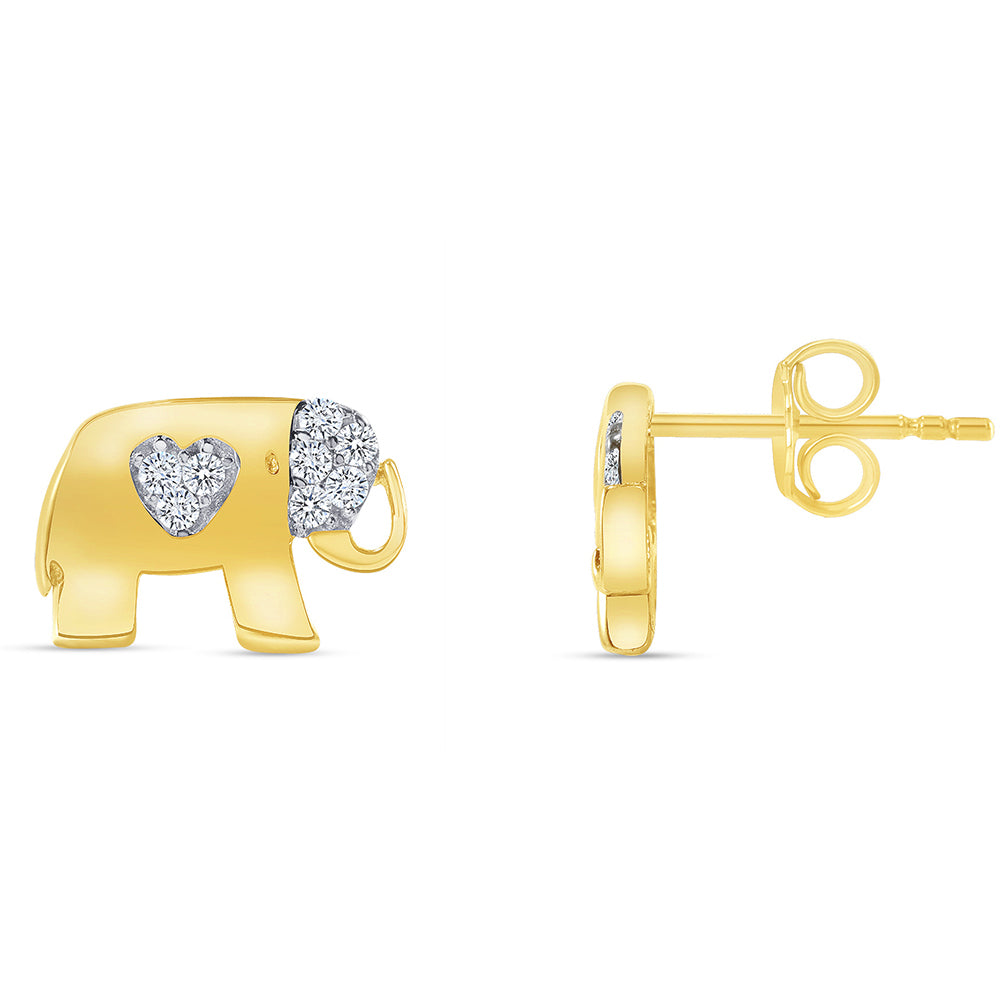 Solid 14k Yellow Gold Cubic-Zirconia Heart Elephant Stud Earrings with Screw Back, 6.5mm